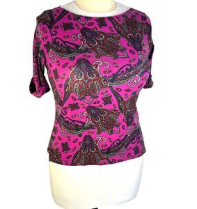 Lauren Ralph Lauren - Knit Top Women's L Purple Paisley Short Cuffed Sleeve Boat